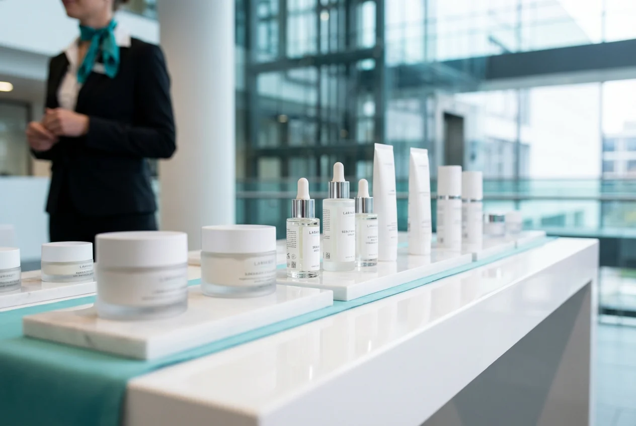 close view on a show table with cosmetic products