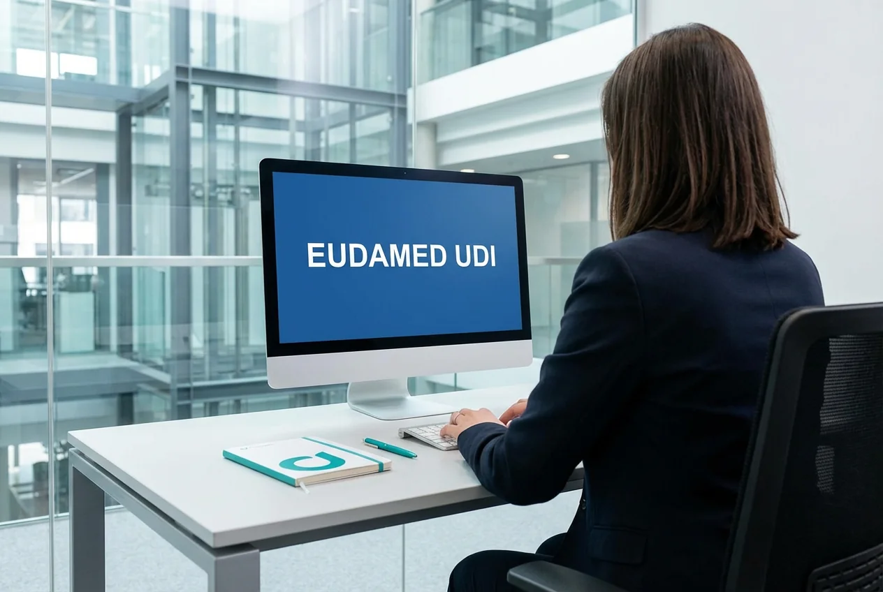 back perspective from a business woman, working on her desk, with good view on her monitor. the monitor shows in large letters the text "EUDAMED UDI"