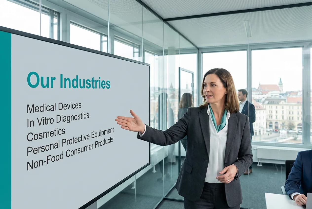 a business woman in a meeting room, in front of a presentation screen that shows the following text: Headline (big fonts): "Our Industries", Line1: "Medical Devices", Line2: "In Vitro Diagnostics", Line3: "Cosmetics", Line4: "Personal Protective Equipment", Line5: "Non-Food Consumer Products"